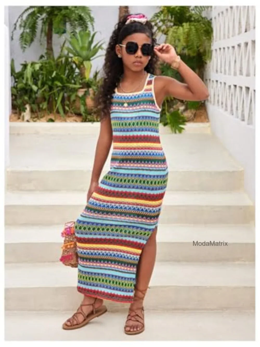 Girl's Boho Striped Sleeveless Square Neck Maxi Dress Casual